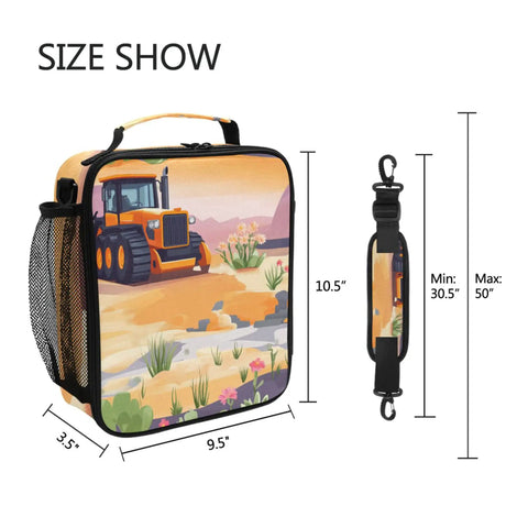 Insulated Lunch Container With Buckle For School And Office Use featuring cartoon road roller desert theme, size 10.5x9.5x3.5 in
