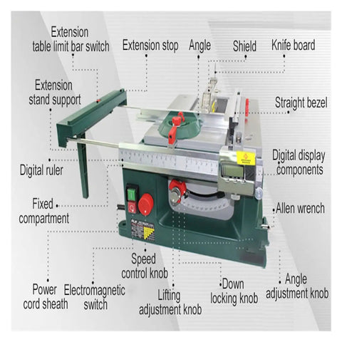 Detailed image of Mini Table Saw For Home DIY Projects Portable Woodworking Power Tool features including knobs and digital ruler.