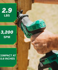 Close-up of 18V Cordless One Handed Reciprocating Saw, Ultra Lightweight And Compact, Go To High Speed 3,200 SPM, in use outdoors.