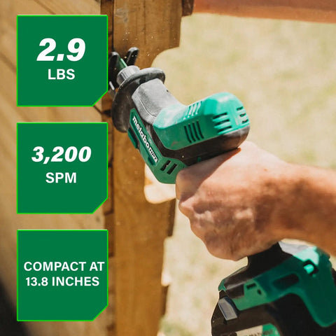 Close-up of 18V Cordless One Handed Reciprocating Saw, Ultra Lightweight And Compact, Go To High Speed 3,200 SPM, in use outdoors.