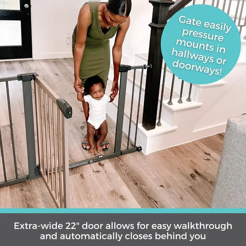 Mother and child using Extra Wide Auto Close Baby Gate With Hold Open For Busy Homes Kid Friendly Safety Gate For Families.