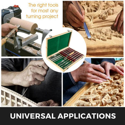 Eight Piece Wood Lathe Chisel Kit With HSS Blades in action on various woodworking projects, shown in wooden storage case.