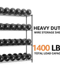 Beefy Heavy Duty 1400 Lbs 4 Tier Metal Wire Shelving Rack loaded with weights, showcasing high load capacity in a utility room.