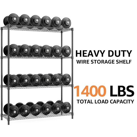 Beefy Heavy Duty 1400 Lbs 4 Tier Metal Wire Shelving Rack loaded with weights, showcasing high load capacity in a utility room.