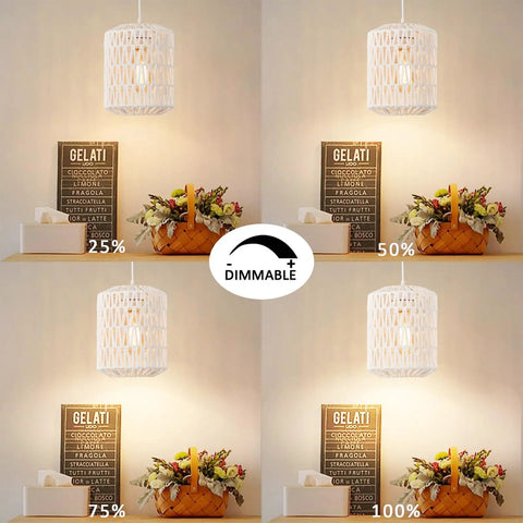 Super Easy Plug In Rattan Pendant Light With 15Ft Cord And Smooth Dimmer Switch Handwoven White Wicker Shade shown at 25%, 50%, 75%, 100% dimming.