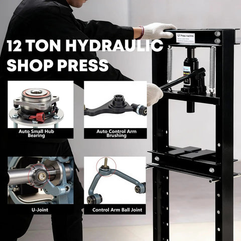 12 Ton Hydraulic Shop Press With Movable Plates And Adjustable Height H Frame For Garage Floor Use Overload Protection