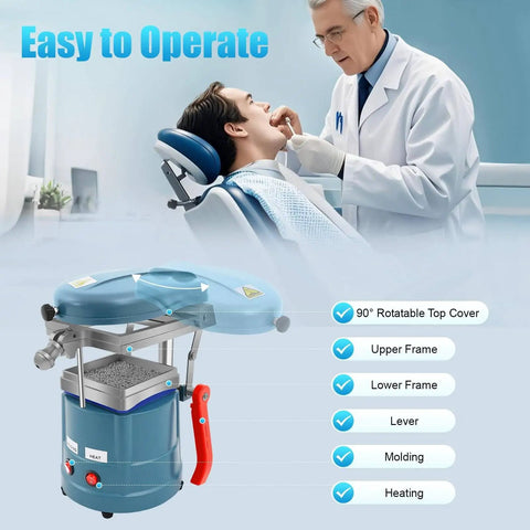 Pro Grade Dental Vacuum Forming Machine With Heavy Duty Vacuum Suction And Symmetrical Heating System For Precise Thermoformed Molds Steel Ball Precision Technology Blue, 90° cover