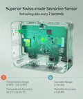 Cutaway view of IBS TH5 WiFi Thermometer Hygrometer with Weather Station showing internal Swiss-made sensor and circuit board.