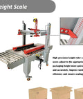 Adjustable Width Height Automatic Carton Sealer Box Tape Machine 110V Stainless Steel Roller with height scale for packaging boxes.