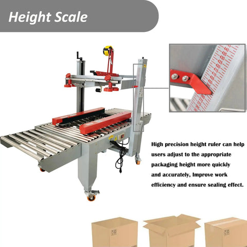 Adjustable Width Height Automatic Carton Sealer Box Tape Machine 110V Stainless Steel Roller with height scale for packaging boxes.