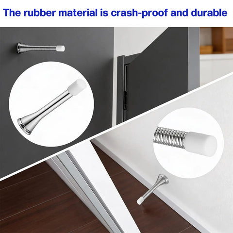 Thirty Pack Plastic Rubber Door Stopper Replacement Tips Universal Size White Door Stop Guards For Wall Protection At Home And Office Durable Caps To Prevent Scratches And Dings shown installed on doors and walls.