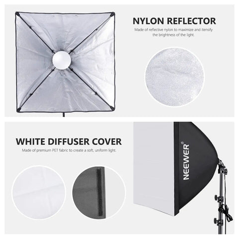 Two Pack Pro Grade 700W Equivalent Continuous Lighting Kit with 5700K LED Bulbs 24x24 Inch Softboxes showing nylon reflector