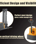 Aequanta Full Electric Walkie Stacker With 3300 Lbs Load Capacity And 118 Inch Lifting Height features advanced mast design for enhanced visibility.