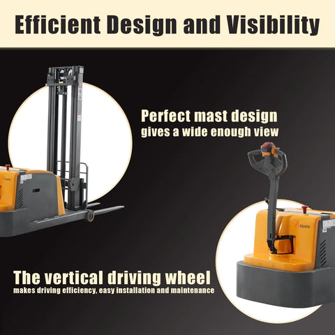 Aequanta Full Electric Walkie Stacker With 3300 Lbs Load Capacity And 118 Inch Lifting Height features advanced mast design for enhanced visibility.