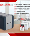 Solid 210 Single Sided ID Card Printer Bundle With Beginner Software HD Webcam Full Color Ribbon And 200 Cr80 Plastic ID Badges No Sweat Starter Pack For Schools And Small Business Owners on a wooden table.