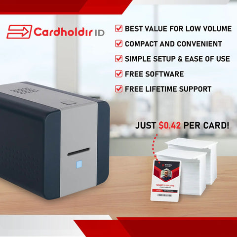 Solid 210 Single Sided ID Card Printer Bundle With Beginner Software HD Webcam Full Color Ribbon And 200 Cr80 Plastic ID Badges No Sweat Starter Pack For Schools And Small Business Owners on a wooden table.