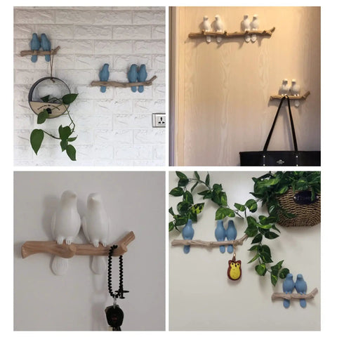 Slick Wall Mounted Hooks For Coats Keys Hats And Towels Housing A Rad Bird Motif in four wall display settings.