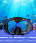 Two Window Panorama Snorkel Mask For Adults With Dry Top Snorkel Tempered Glass Dive Mask over coral reef background.