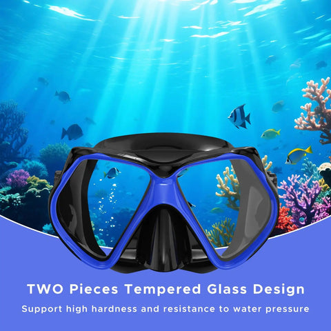 Two Window Panorama Snorkel Mask For Adults With Dry Top Snorkel Tempered Glass Dive Mask over coral reef background.