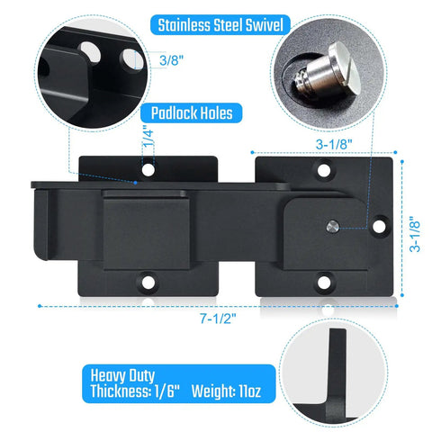 Diagram of Rock Solid 7.5 Inch Aluminum Flip Gate Latch Lock with Padlock Hole, highlighting dimensions and features.