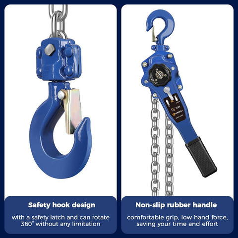 Lever Chain Hoist 3300 Lbs Capacity with blue safety hook and non-slip handle, 20 Ft Lift, with G80 Galvanized Chain