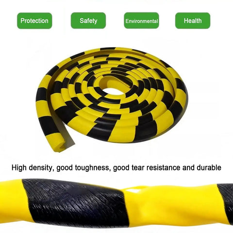 L Shaped Wall Edge Corner Guards Yellow Black Safety Bumpers With Self Adhesive Foam Padding 197 Inches Long 500 cm Tough As Nails Industrial Edge Protector For Factory Workshops And Production Machines NBR Foam Impact Absorption, shown coiled with warning label.