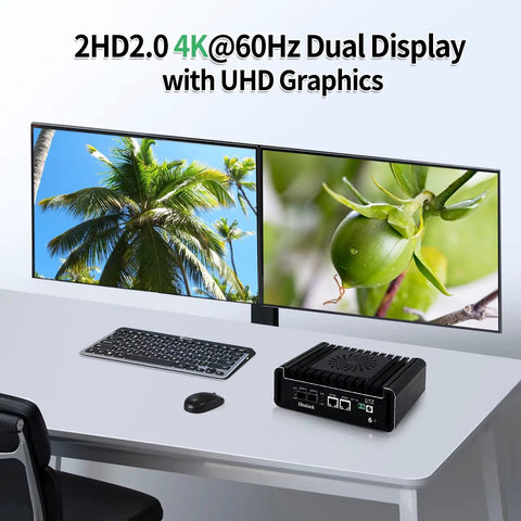 Rock Solid Firewall Mini PC Driven By Intel N150 Featuring Dual Ten G And Dual Two Point Five G LAN Ports Smooth Home Lab Setup Lightning DDR5 RAM 256 GB SSD dual monitor setup on a desk with UHD graphics.
