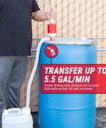 Portable Manual Fuel Drum Pump For Fifty Five Gallon Drums With Adjustable Length BPA Free Heavy Duty And Easy To Use Delivers Up To Five And A Half Gallons Per Minute Includes Flexible Forty Seven Point Two Inch Discharge Hose And Siphon Cap in use on blue drum