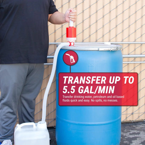 Portable Manual Fuel Drum Pump For Fifty Five Gallon Drums With Adjustable Length BPA Free Heavy Duty And Easy To Use Delivers Up To Five And A Half Gallons Per Minute Includes Flexible Forty Seven Point Two Inch Discharge Hose And Siphon Cap in use on blue drum