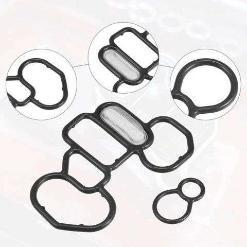 Solenoid Gasket Spool Valve Filter Screen Replacement Set For Honda Ridgeline And Compatible With Accord Odyssey Pilot Models From 1998 To 2014 Pack Of 2 Black Easy Install, showcasing various gasket shapes and filter screen close-up.