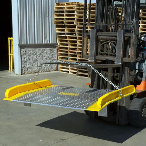 Heavy Duty Aluminum Dock Board Workhorse 60 By 48 Inch 15000 Lb Capacity Forklift Trailer Ramp For Warehouses, shown attached to a forklift.