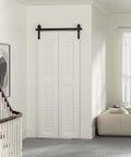 Bi Folding Sliding Barn Door Hardware Track Kit 48 Inch with Side Mounted Black Rollers for Double 22 Inch Bifold Doors.