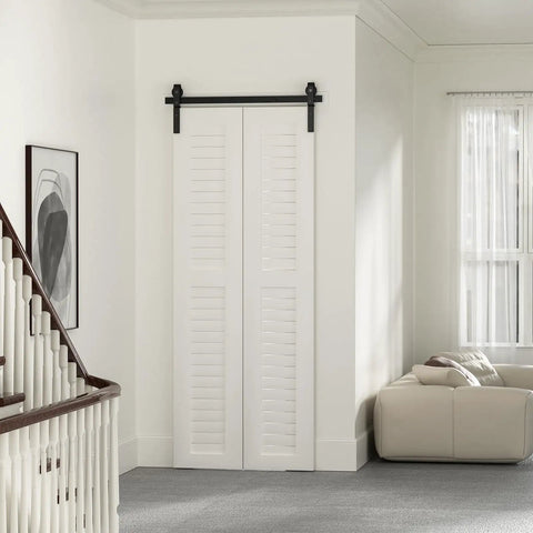 Bi Folding Sliding Barn Door Hardware Track Kit 48 Inch with Side Mounted Black Rollers for Double 22 Inch Bifold Doors.