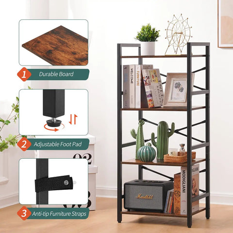 Compact 4 Tier Bookshelf Featuring Heavy Duty Metal Frame And Smooth Wood Shelves Hella Space Saving Setup Prime For Tiny Apartments Small Nooks And Modern Home Office Layouts with durable wood shelf and adjustable foot pad.
