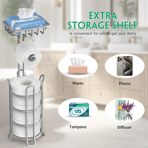 Freestanding Toilet Paper Holder With Storage Shelf Metal Tissue Roll Dispenser 4 Raised Feet Keeps Rolls Clean And Dry Rust Resistant