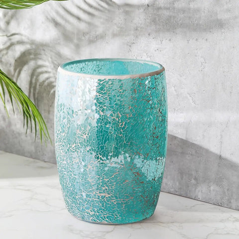 Sleek Modern Mosaic Glass Bathroom Trash Can 5L, 7 By 10 Inches, Decorative Small Garbage Can, Shiny Turquoise Green Bathroom Accessory