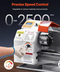 VEVOR Precision Benchtop Metal Lathe 8.7 X 18 In with speed control knob adjusting 0-2500 RPM for various materials.