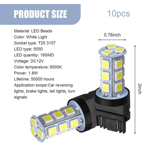 Lit 10 Pack 3156 3157 LED Tail Lights with 18 SMD Chips 6500K White DC12V, showing size and specifications