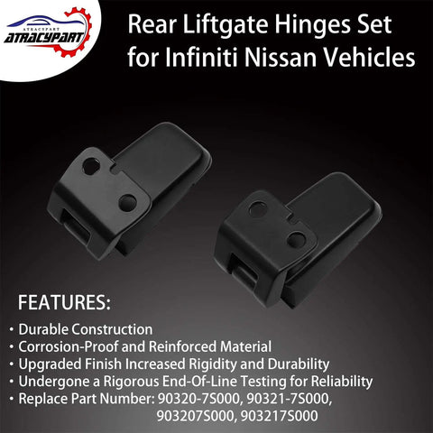 Rear Window Hinge Set for Liftgate Glass Right and Left Replacement Fits 2004 2010 Infiniti QX56, 2005 2015 Armada, 2004 Pathfinder Armada Replaces 90320-7S000 90321-7S000 OEM Fit displayed with features listed.