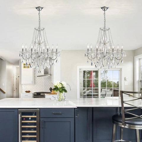 Mini Crystal Chandelier With K9 Crystals, Chrome Finish, 5 E12 Bulbs in a modern kitchen setting, adjustable hanging
