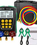 BELEY digital manifold gauge set front view for HVAC with red, blue, yellow hoses, case, clamps, manual