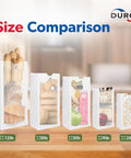 White Paper Bags with SOS Bottom, 500-Count, Size 5.00 x 3.12 x 9.75 Inches, shown in size comparison with food items