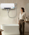 Rock Solid 15.9 Gallon Electric Water Heater With 1500 Watt Fast Heating Element hanging above a bathtub in a modern bathroom.