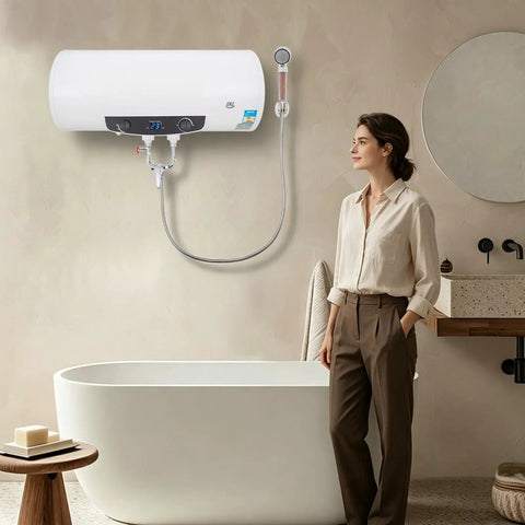 Rock Solid 15.9 Gallon Electric Water Heater With 1500 Watt Fast Heating Element hanging above a bathtub in a modern bathroom.