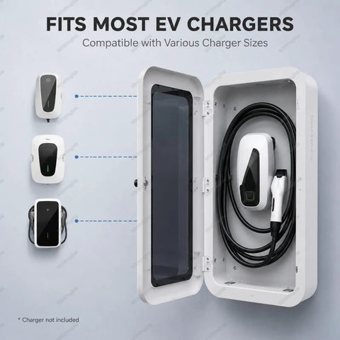 Hella Tough Outdoor EV Charger Enclosure With Combination Lock, open showing EV chargers compatibility inside.