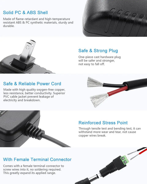 Go-To 24V DC Power Supply 1A 24W AC Adapter with 5.5mm outer 2.1 to 2.5mm inner barrel connector features labeled