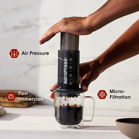 Person using Barista Level Portable Coffee Maker With Chamber And Plunger And Filters For Espresso Style Brews On The Go Quick Coffee Machine