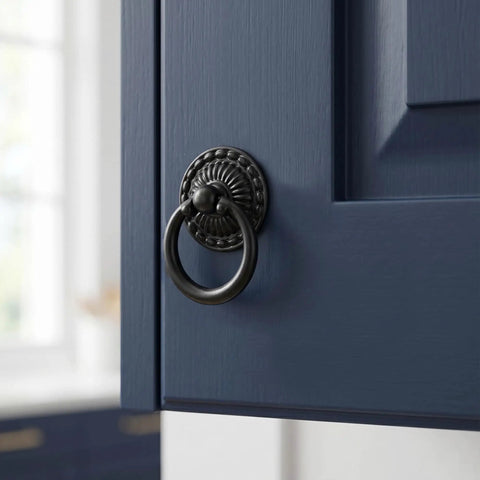 Vintage Black Ring Drawer Pulls Set Of Ten For Cabinets And Dressers Antique Zinc Alloy Handles on blue cabinet