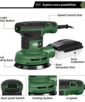 Solid Heavy Duty Five Inch Random Orbital Sander With Sweet Variable Speed Control Up To Thirteen Thousand Rpms And No Dust Cleanup Plus Loads Of Twenty One Piece Sandpaper For Easy Refinishing Jobs showing detailed features and controls.