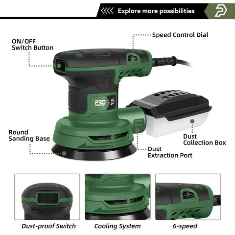 Solid Heavy Duty Five Inch Random Orbital Sander With Sweet Variable Speed Control Up To Thirteen Thousand Rpms And No Dust Cleanup Plus Loads Of Twenty One Piece Sandpaper For Easy Refinishing Jobs showing detailed features and controls.